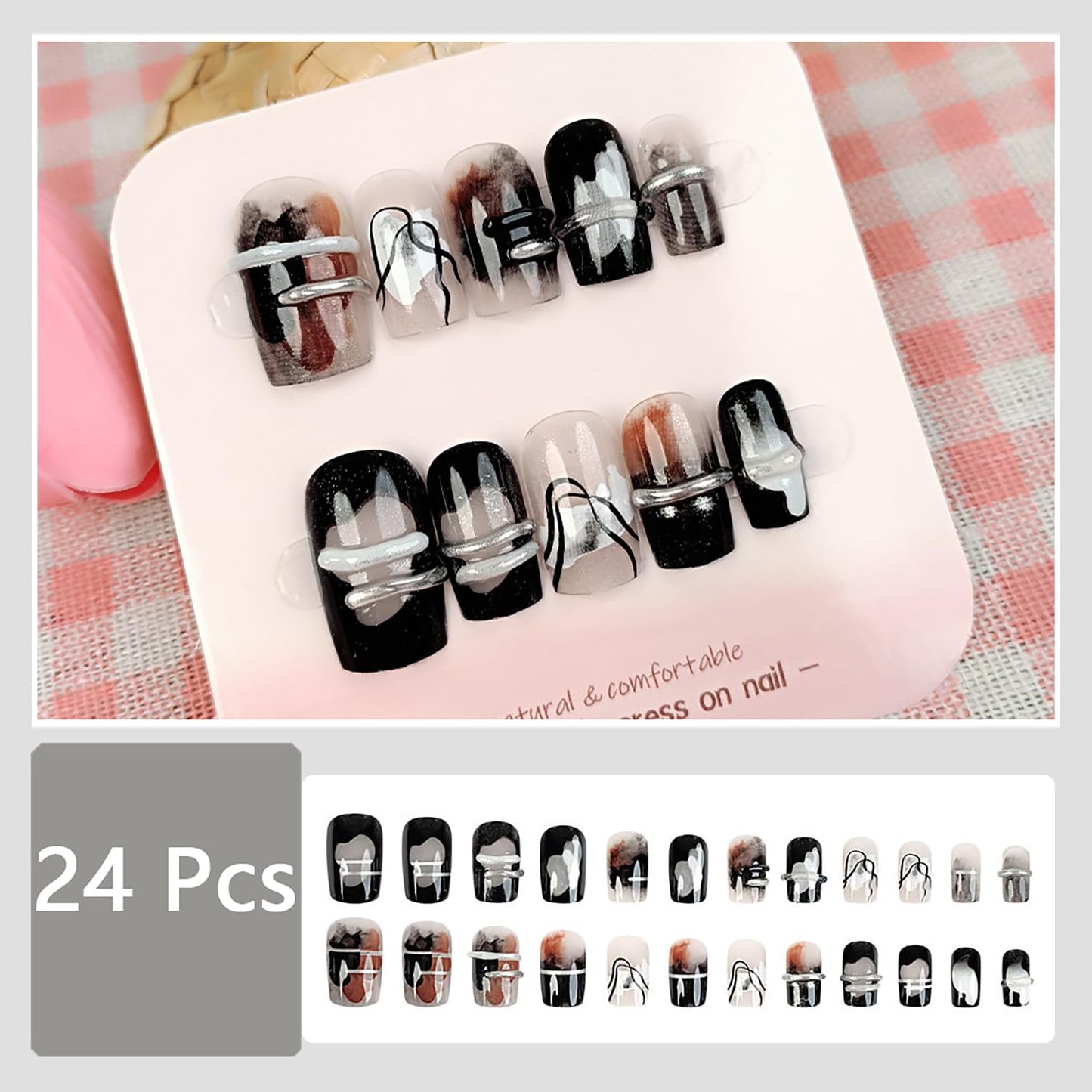 24Pcs Black Press on Nails Short Square Fake Nails with 3D Line Designs French Stick on Nails Black Brown Gradient False Nails Full Cover Fall Acrylic Nails Kit Silver Glue on Nails for Women