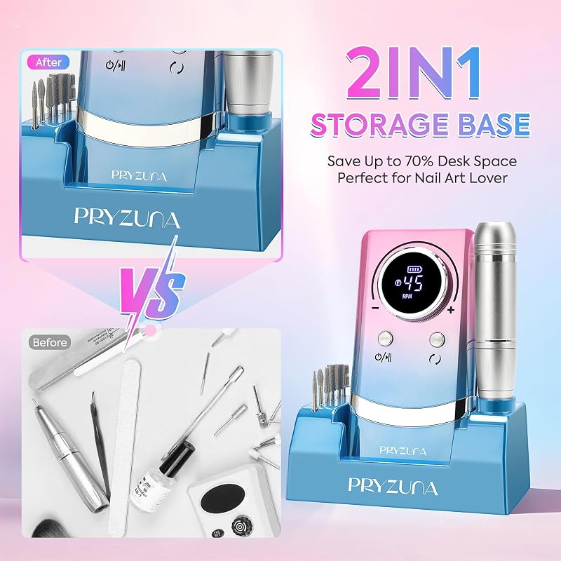 PRYZUNA Electric Nail Drill 45000RPM – Cordless Portable E-File with Gradient Variation