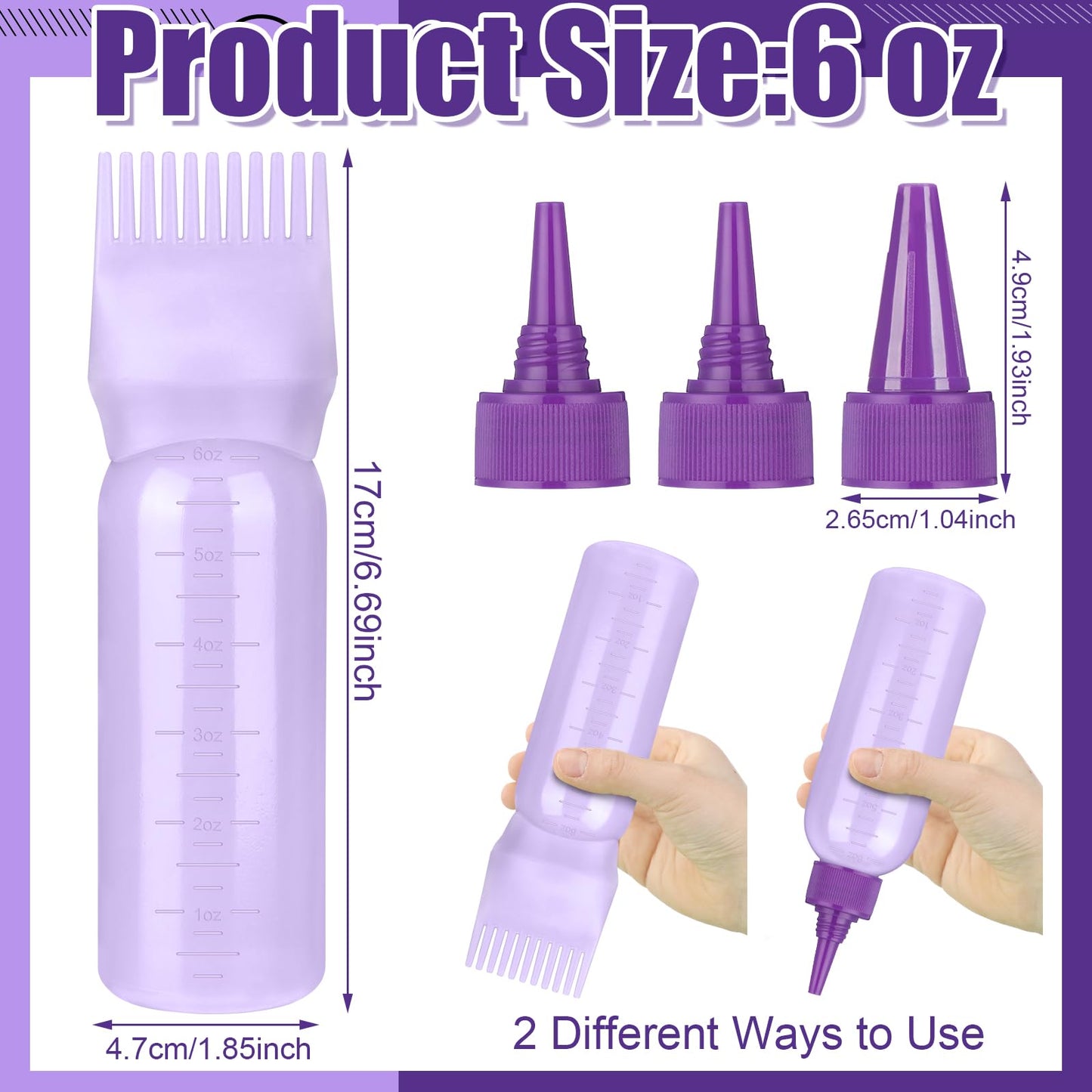 ProSuites Hair Oil Applicator Bottle with 3PCS Pointed Mouth Cover 6 Ounce Hair Dye Bottle Root Comb Applicator for Scalp (Purple)