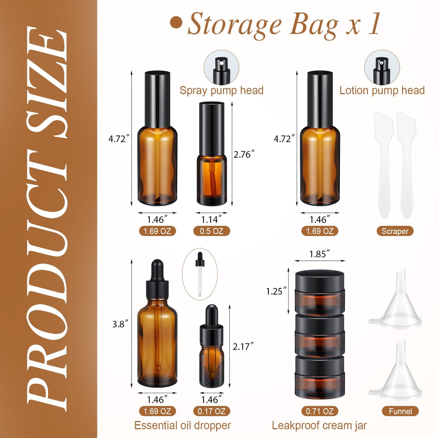 Jingmore 13 Pcs Glass Skincare Travel Containers Mini Makeup Containers Travel Size Toiletries Bottles with Pump Spray and PU Leather Toiletry Bag for Liquid Serum Cream Moisturizers Oils(Brown)