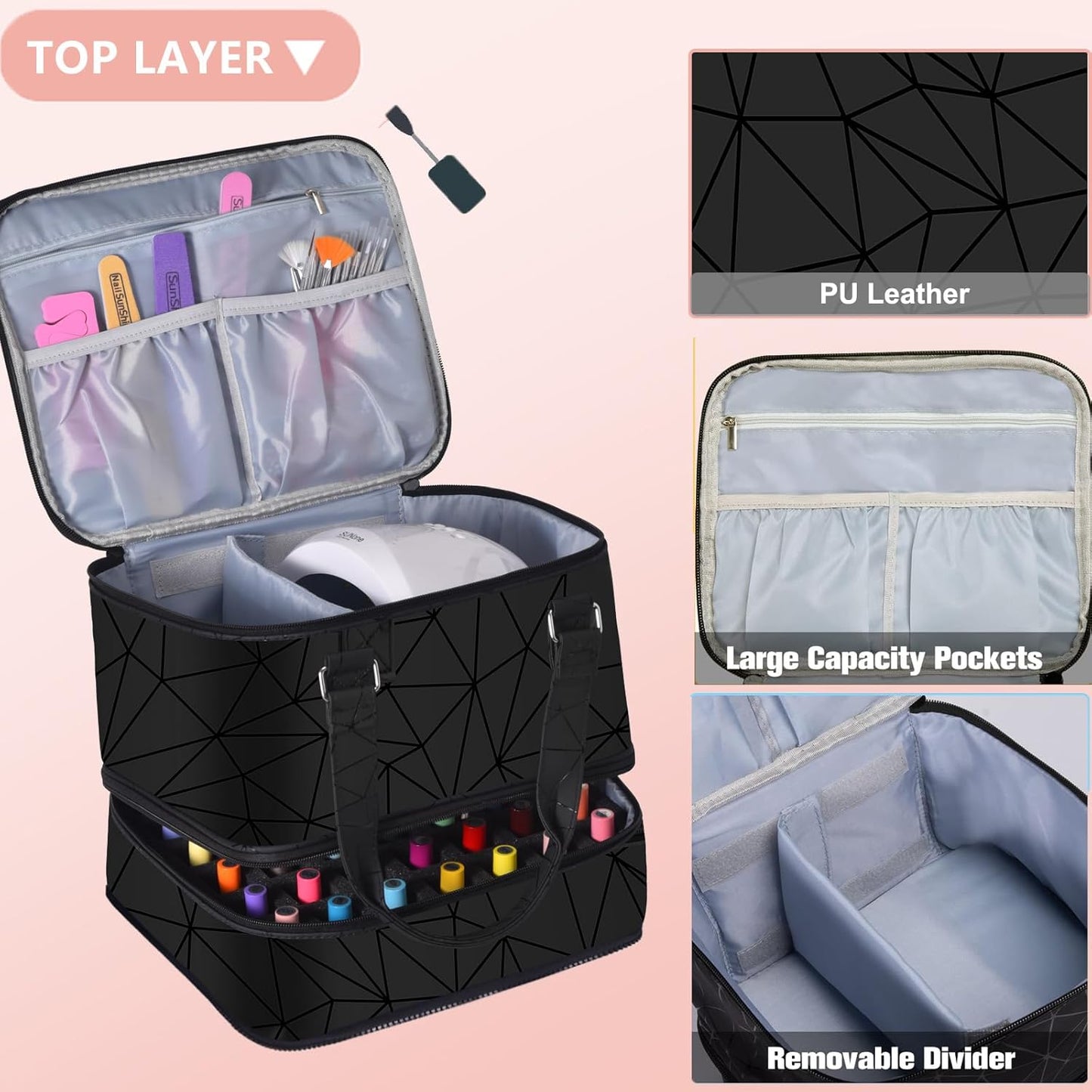 Nail Polish Organizer Bag with Travel Case for 30+ Bottles & Nail Lamp - Purple