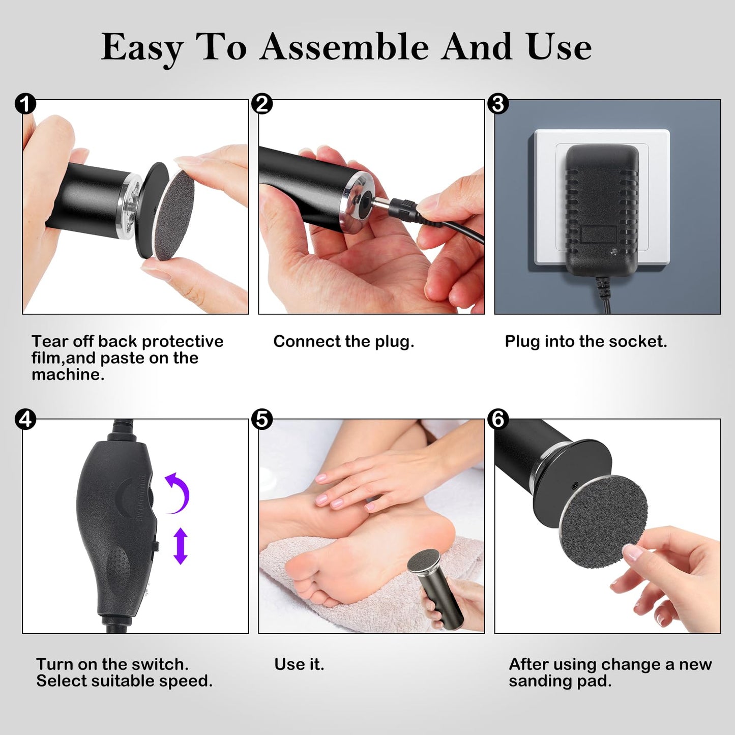 Electric Foot Callus Remover,Powerful Electric Foot File, Professional Adjustable Speed Pedicure Tool with 60 Pcs Replacement Sandpaper Discs for Dead Skin and Calluses-Black