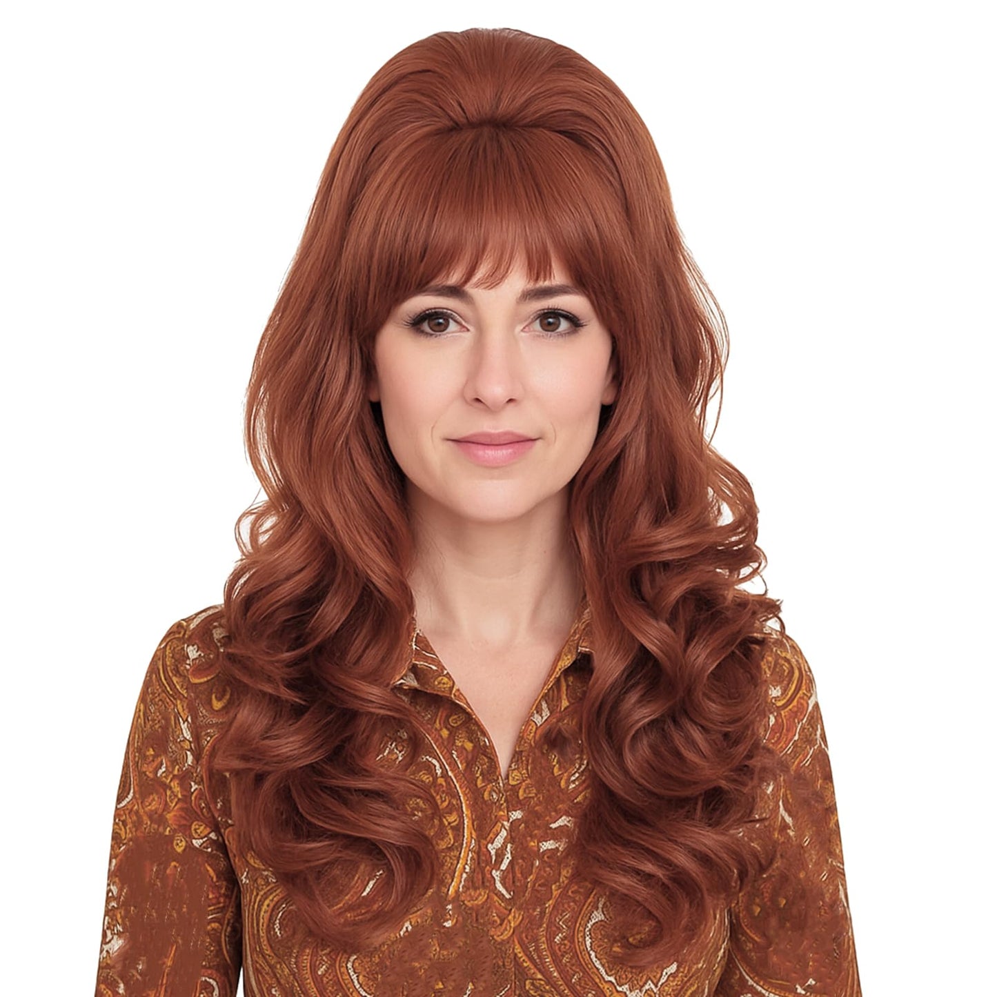 Probeauty Long Wavy Auburn Copper Bouffant Beehive Wigs Big Curly Wave Retro Wigs for Women 70s 80s Costume 23 Inch