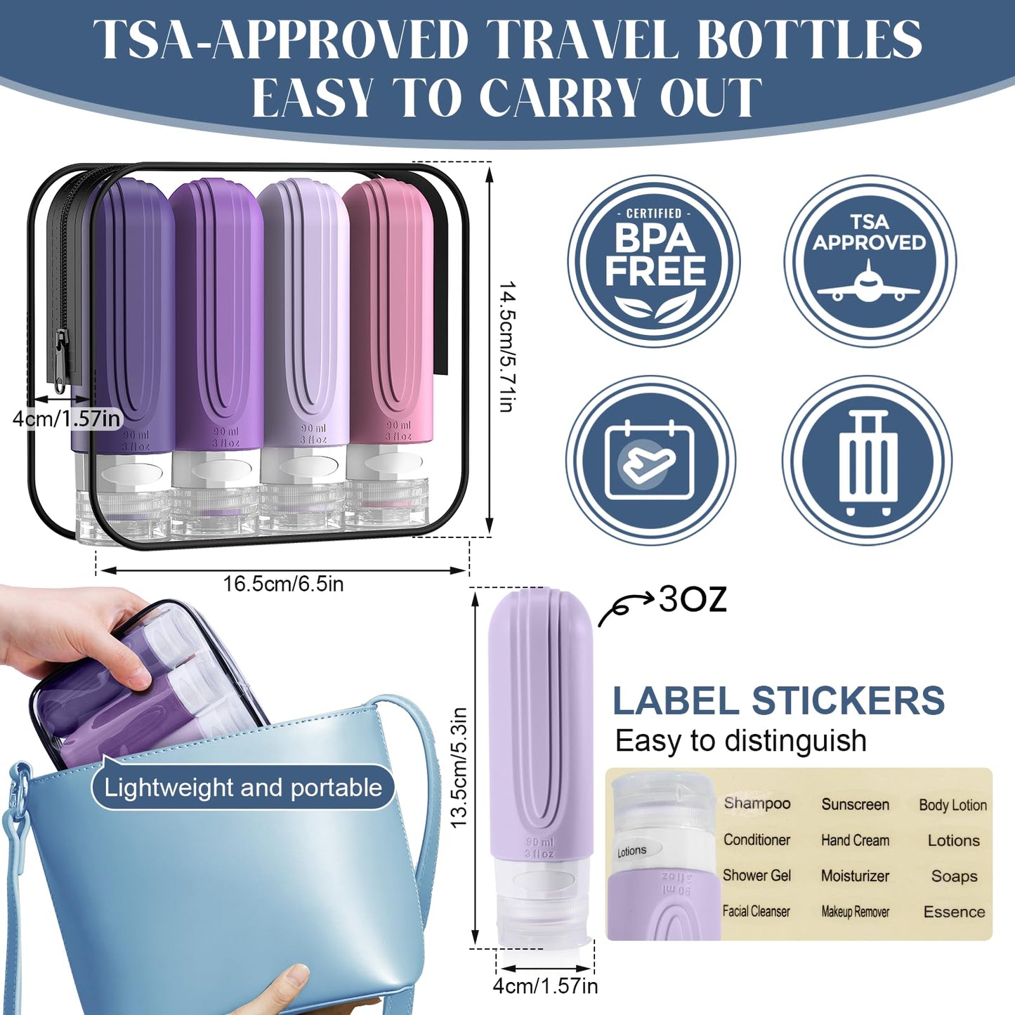 YIIMER Travel Bottles for Toiletries, 3oz TSA Approved Travel Size Toiletries, Silicone Leak-Proof Refillable Containers, Squeezable Liquid Essentials Bottles W/Clear Bag(PURPLE)