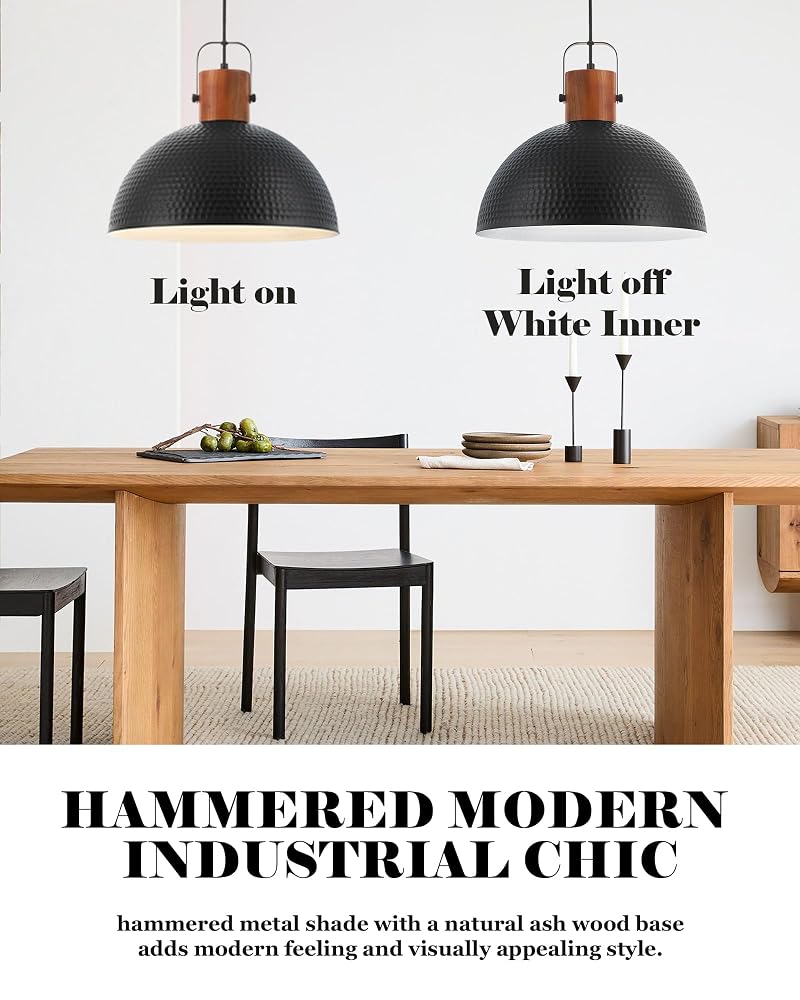 ELYONA 16 Inch Ash Wood Hammered Pendant Light - Black, 1 Pack, Dimmable Ceiling Lamp
