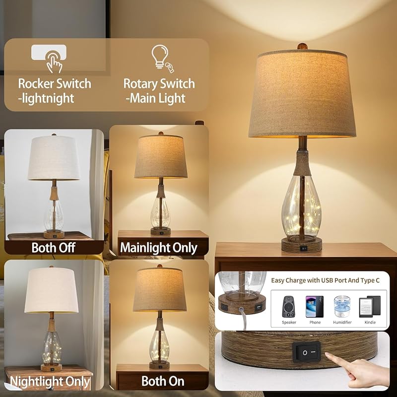 2 in 1 Bedside Table Lamps Set of 2 — Farmhouse Glass Lamp with Wood-Like Base, USB-A/C, Teardrop Glass