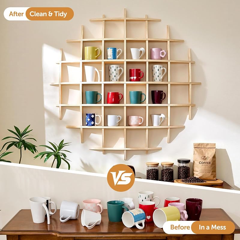 Oversize 46 x 46 Inch Wall-Mount Mug Display Shelf with 28 Slots