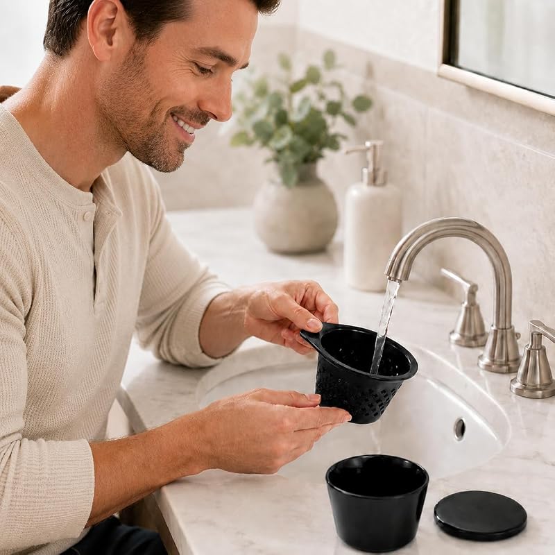 Ceramic Denture Cleaning Cup with Lid & Removable Basket - 3-Piece Stacking Soaking Container, Black