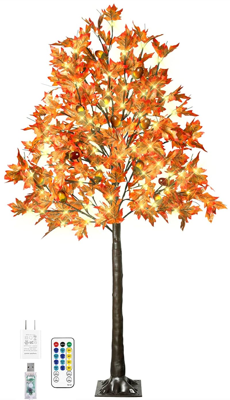 6FT 130 LED Lighted Maple Tree with 13 Branches, 260 Leaves, 13 Acorns - Remote, 8 Modes, Timer, Outdoor Autumn Decor (Variation: 6ft-130led-1pack)