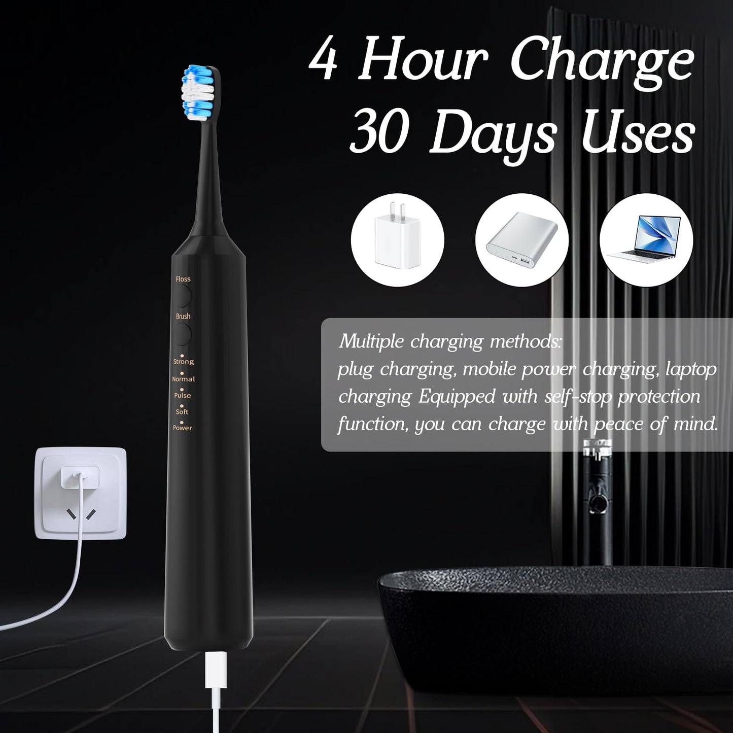 NGDGDDW 2-1 Professional Electric Toothbrush with Water Flosser, 3800VPM Ultrasonic Water Dental Flosser Toothbrush Combo- 4 Modes & 4 Intensity Levels, Brushing & Flossing for Home and Travel, Black