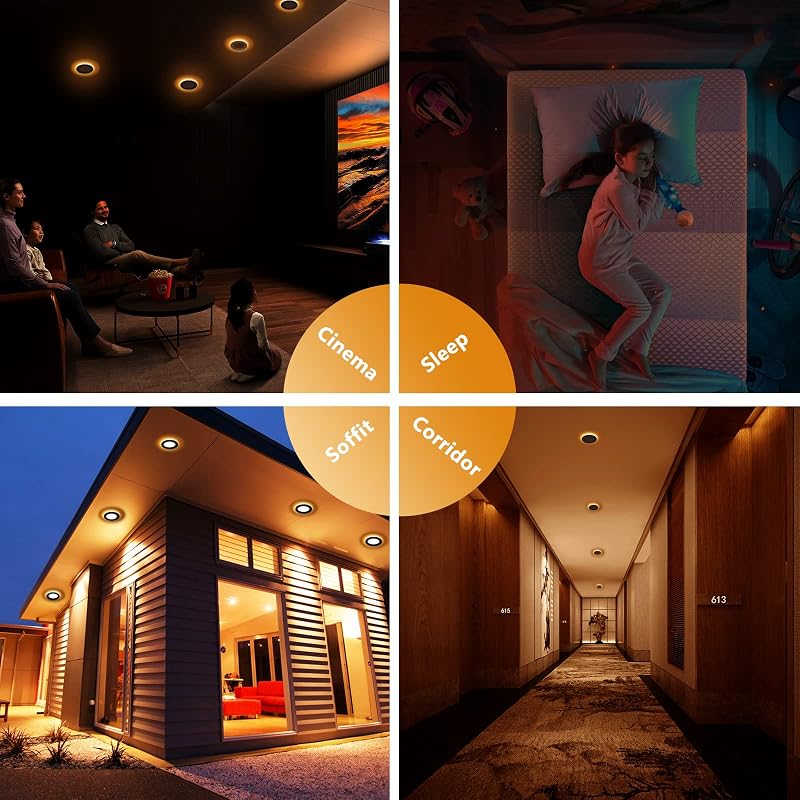 CycevSun 6 Pack 4-Inch Black Recessed LED Lights with Night Light, Sync & Reset - 2700K-5000K, Dimmable