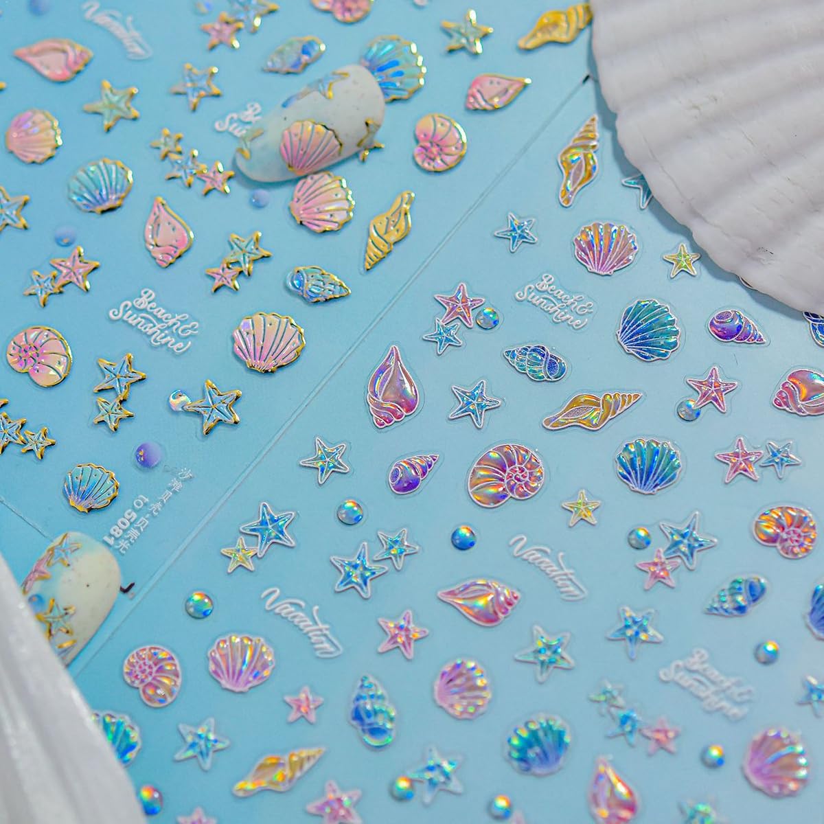 1 Sheet Marine Life Nail Stickers Shell Light Nail Design Stickers 5D Embossed Starfish Shell Self-Adhesive Nail Decal Acrylic Nails Art Supplies for Women DIY Summer Manicure Decoration