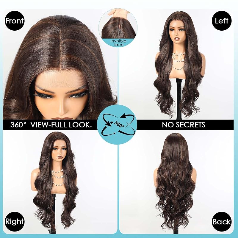 Luwila 30in 13x4 HD Lace Front Wig Glueless Pre-Cut Natural Hairline, Dark Brown Highlight #FS4/30