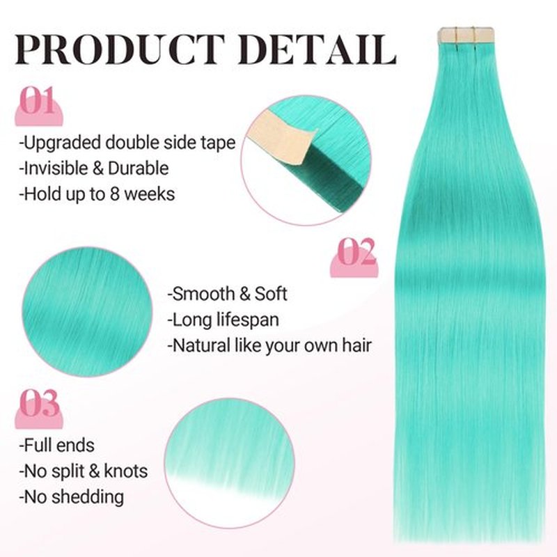MAXITA Tape in Hair Extensions Human Hair Teal Green Tape in Extensions, 10pcs 25g 14 Inch Remy Invisible Tape Ins Straight Colored Soft Real Human Hair Tape in Extensions Natural Hair Extensions