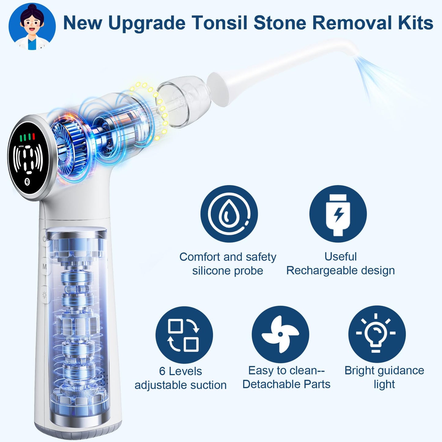 Tonsil Stone Remover Tool, Upgraded Electric Tonsil Stone Removal Kit - with Built-in LED Light & 6-Level Suction for Bad Breath Prevention, Oral Suction Device for Stone Removal