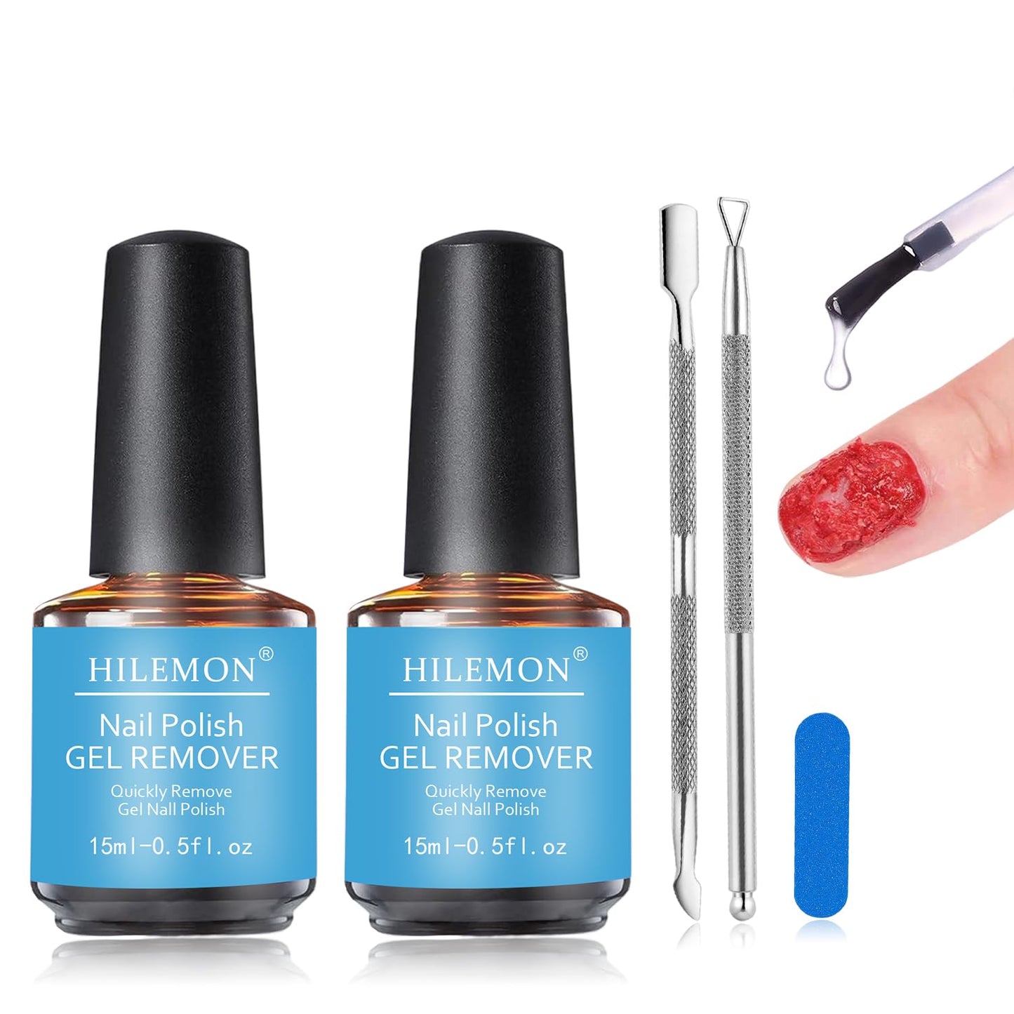 Quick Remover for Gel Nail Polish, Magic Gel Remover Easily Remove Polish in 3min, No Soaking or Wrapping, Professional Nail Remover 15ml (2PCS Remover)