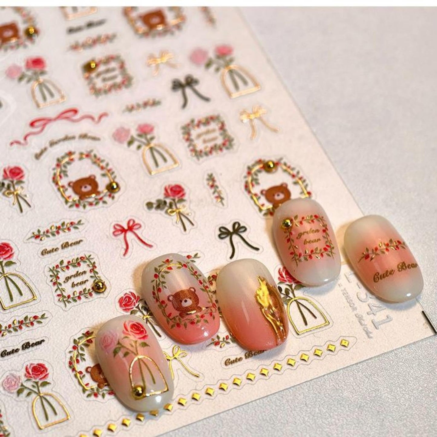 Gold Nail Art Stickers Decals Bear Flower Nail Stickers for Nails Art 5D Embossed Nail Decals Self Adhesive Manicure Supply Charms for Women Girls Kid Nails DIY Decoration