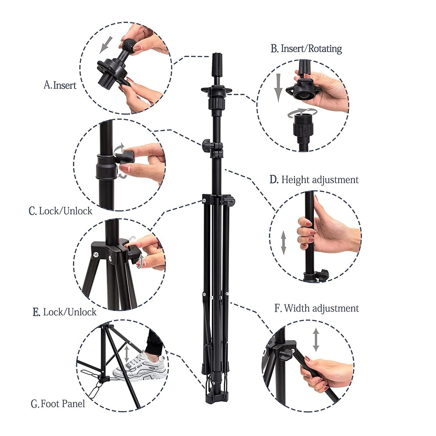 HYOUJIN Tall Wig Head Stand,Wig Stand Tripod Mannequin Head Stand Adjustable Stand With Foot Panel for Mannequin Head,Manikin Head,Canvas Block Head with Wig Caps,T-Pins,Carry Bag 35.4-52.4 inch