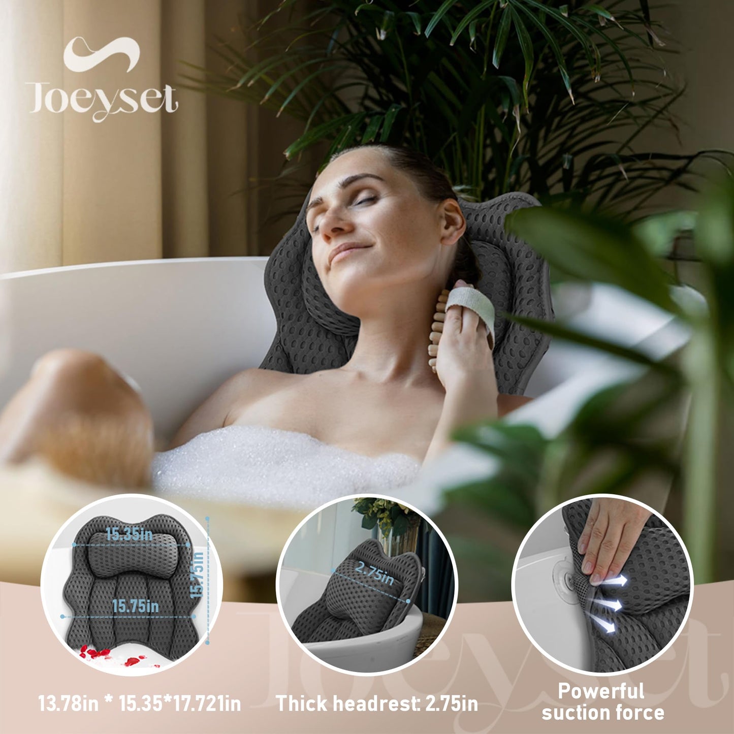 Joeyset Bath Pillow for Tub, 4D Air Mesh Breathable Fabric, Soft Supportive Bathtub Cushion for Head Neck Back, Ergonomic Spa Pillow with Strong Suction Cups, Quick-Drying, Machine Washable (Gray)
