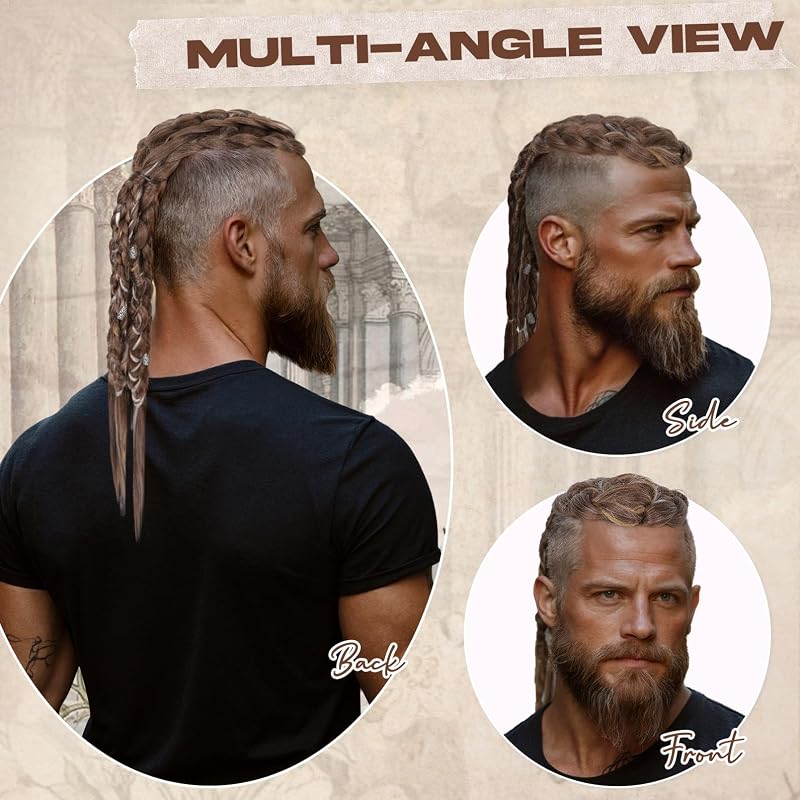 NTYNTY 24" Viking Hair Extensions for Men - Clip-In Braided Ponytail, Silver Gray