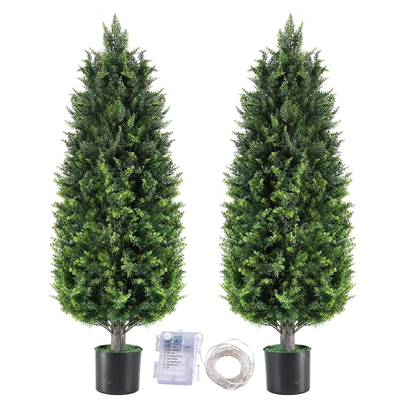 4FT Artificial Topiary Trees Outdoors - UV Resistant Lifelike Cedar Shrubs, Faux Evergreen for Front Porch (Set of 2) - Variation: 4ft