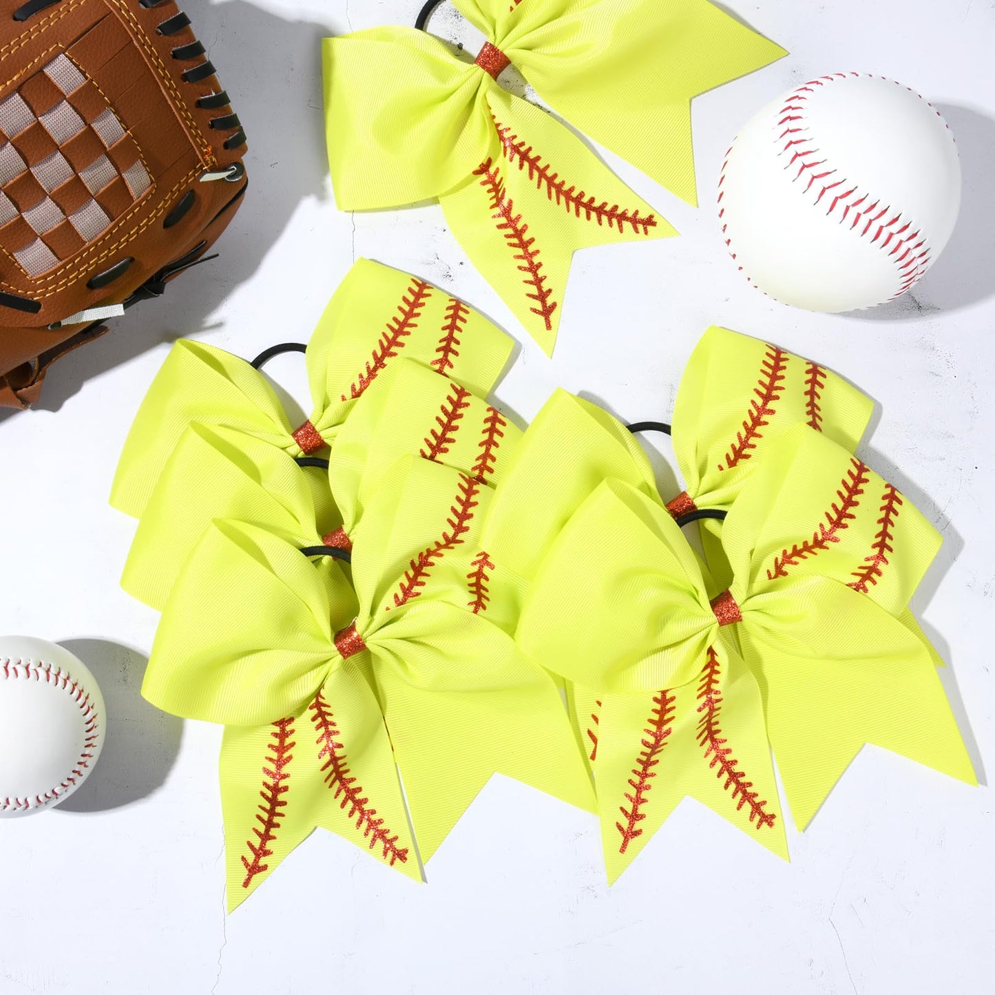 DEEKA 12 PCS Softball Cheer Bows with 2 Glitter Stitching Cheerleader Team Bows Elastic Band for Softball Sports Girls (Neon Yellow+Red Stitching)