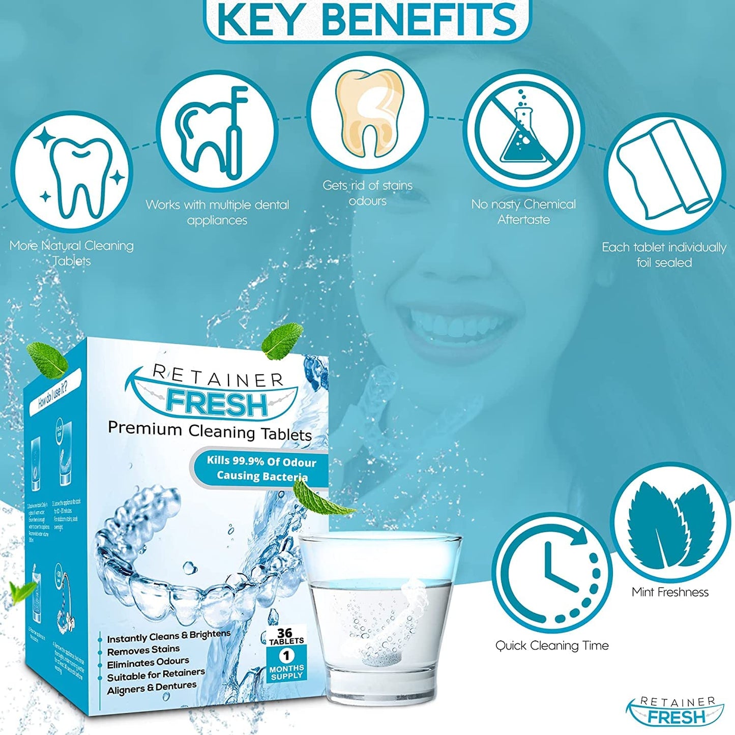 Retainer Cleaner Tablets - 120 Tablets 4 Month Retainer Fresh - Retainer Cleaning Tablets, Mouth Guard Cleaner, Denture Cleaner, Aligner Cleaner, Brite Retainer Tablets