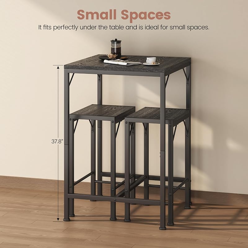 Homeiju Black Bar Table & 2 Stools Set – 23.6” Square, Space-Saving Pub Set