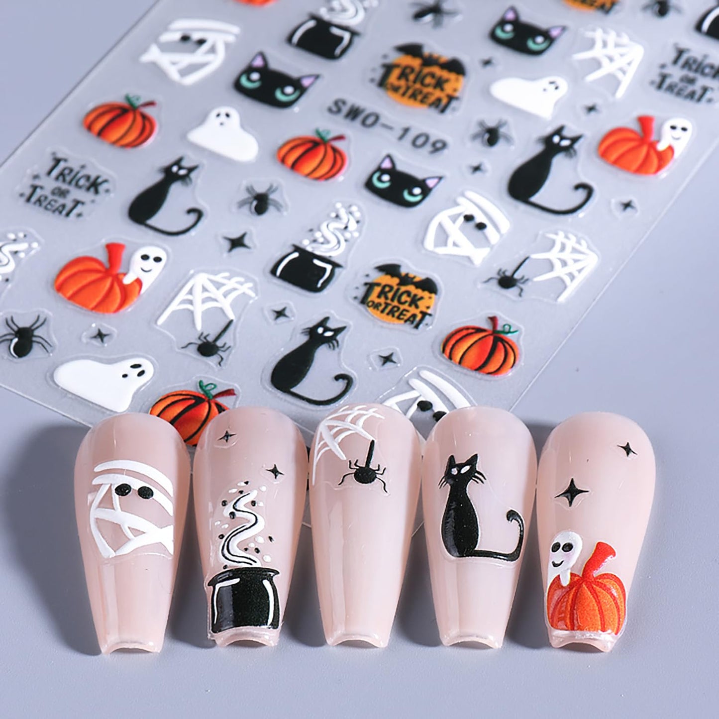 4 Sheets Halloween Nail Stickers for Nail Art Scary Black Cat Mummy Spider Web Nail Art Stickers 5D Spider Pumpkin Nail Decals Self-Adhesive Ghost Skeleton Nail Supplies for Women Nails Decoration