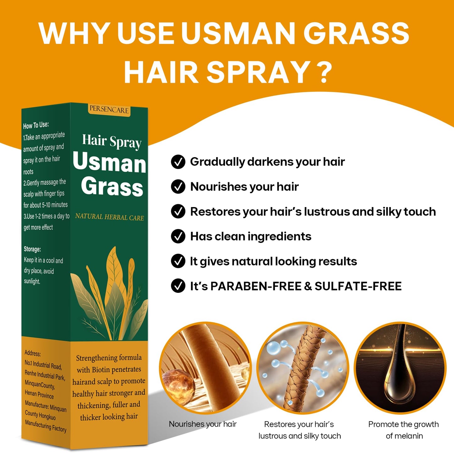 Usman Natural Grass Hair Serum Spray - Reverse Thinning, Boost Growth & Darkening, Scalp Care, Usma Mist for Women & Men
