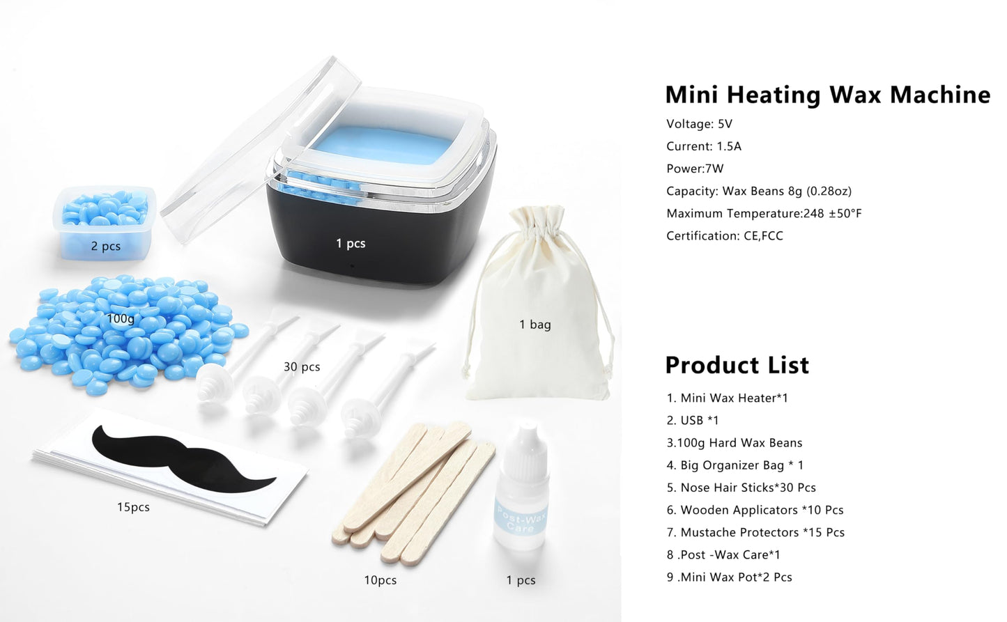 Nose Wax Kit - Mini Wax Warmer for Hair Removal with 100g Bens,1 Organizer Bag,10 Applicators, 30 Nose Hair Sticks 2 Silicone Pots, Melt Warmer Waxing Kit for Women and Men - Black