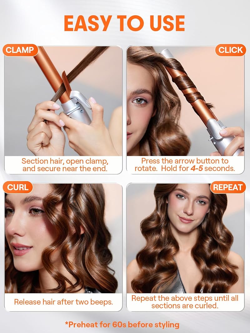 Rotating Curling Iron 1-Inch, Extra Long Barrel, Auto Curling Wand for Long Hair