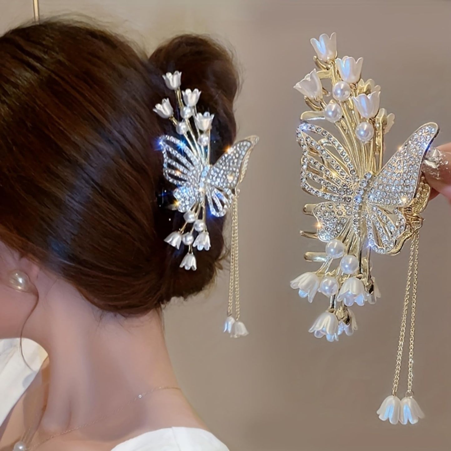 Large Butterfly Hair Claw Clips, Gold Flower Lily of the Valley Violet Hair Claw Clips with Tassel Metal Nonslip Clamps Styling Accessories for Thick Long Hair Women