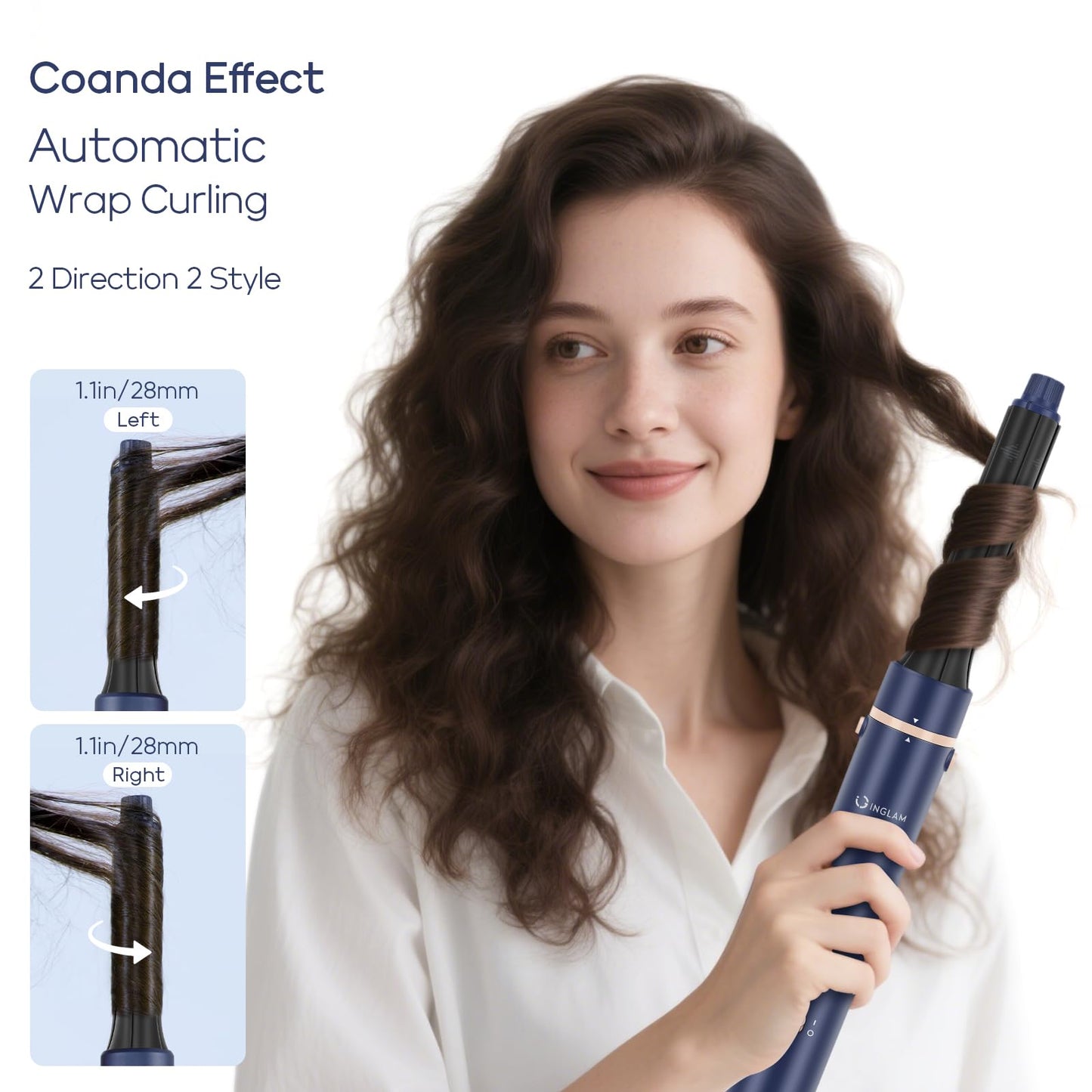 5 in 1 Blow Dryer Brush IG INGLAM MegaAir Hair Styler Brushless Hair Dryer Brush Left/Right Air Auto-Wrap Curler Hot Air Brush Negative Ions No Heat Damage Frizz-Free Drying Curling, Prussian Blue