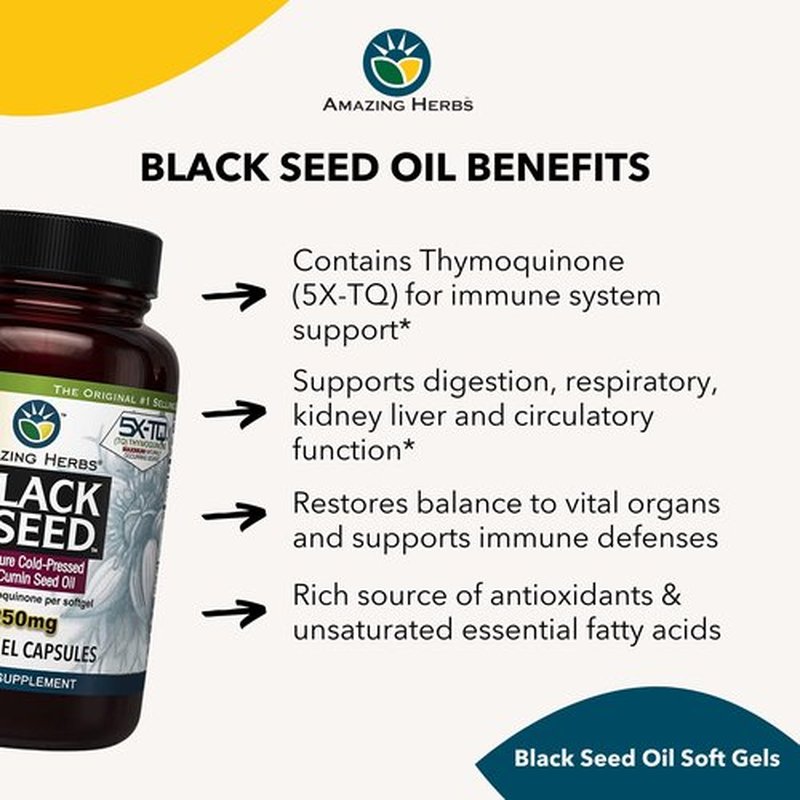 Amazing Herbs Premium Black Seed Oil Capsules - High Potency, Cold Pressed Nigella Sativa Aids in Digestive Health, Immune Support & Brain Function - 60 Count, 1250mg