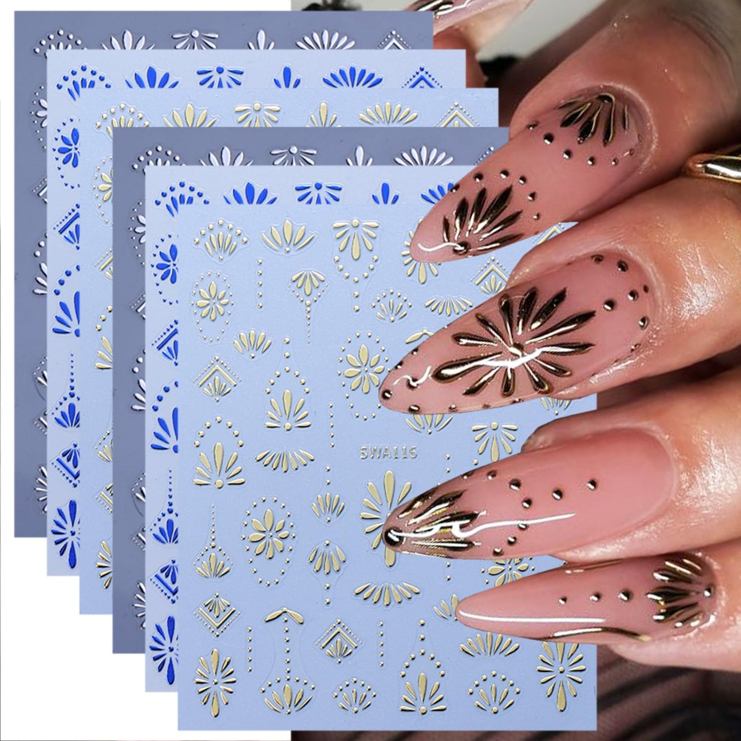 6 Sheets Bohemia Nail Stickers for Nail Art 3D Self-Adhesive Flower Nail Art Stickers Blue Silver Gold Flowers Nail Decals Bohemian Style Nail Design for Women DIY Nails Decoration Supplies