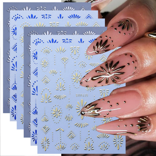 6 Sheets Bohemia Nail Stickers for Nail Art 3D Self-Adhesive Flower Nail Art Stickers Blue Silver Gold Flowers Nail Decals Bohemian Style Nail Design for Women DIY Nails Decoration Supplies