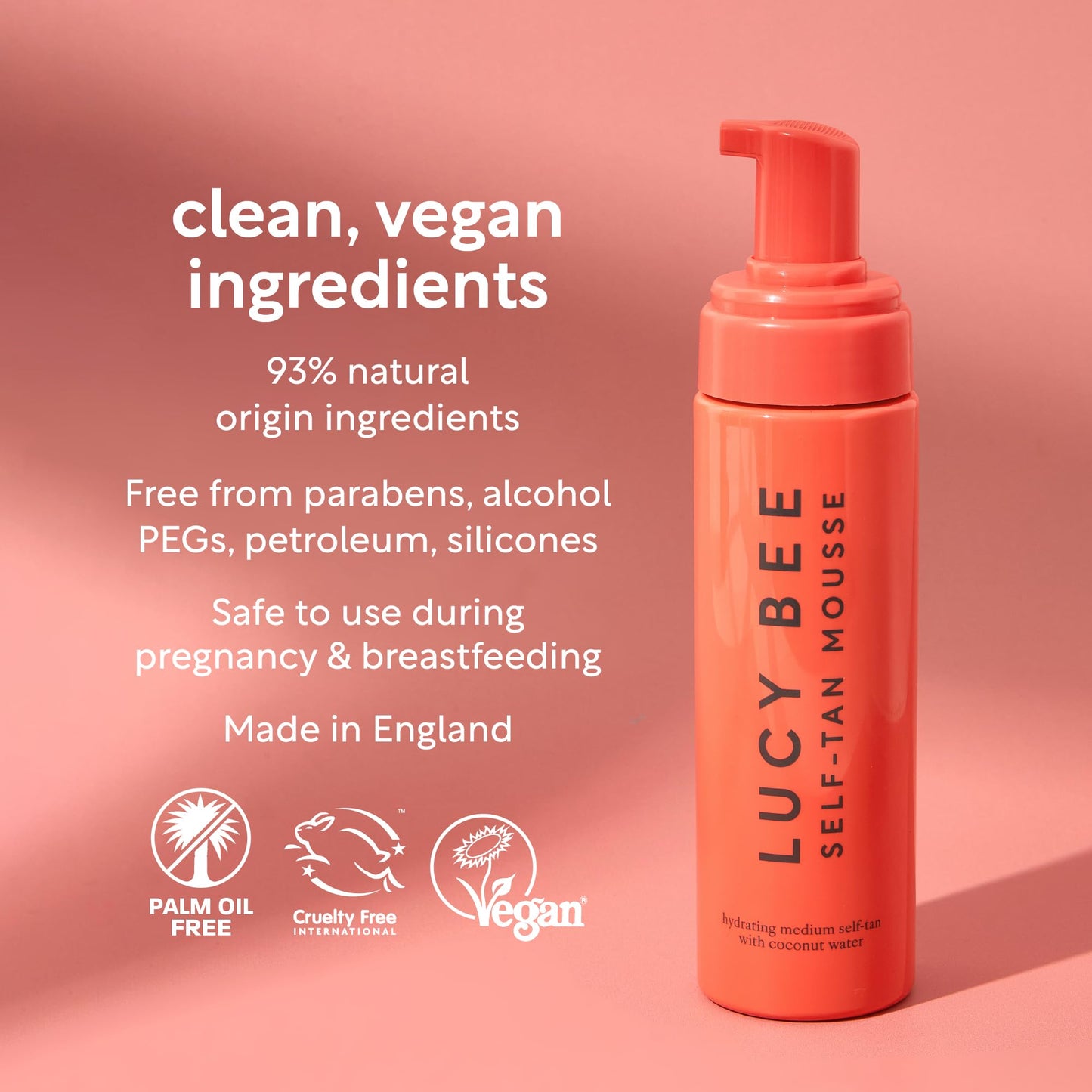 Lucy Bee Self Tan Mousse, Customizable Medium Self Tanning Foam, Natural Looking Tan, Quick-Drying, Dermatologist Approved for Sensitive Skin, Hydrating Coconut Water, Tropical Scent, 6.76 fl oz