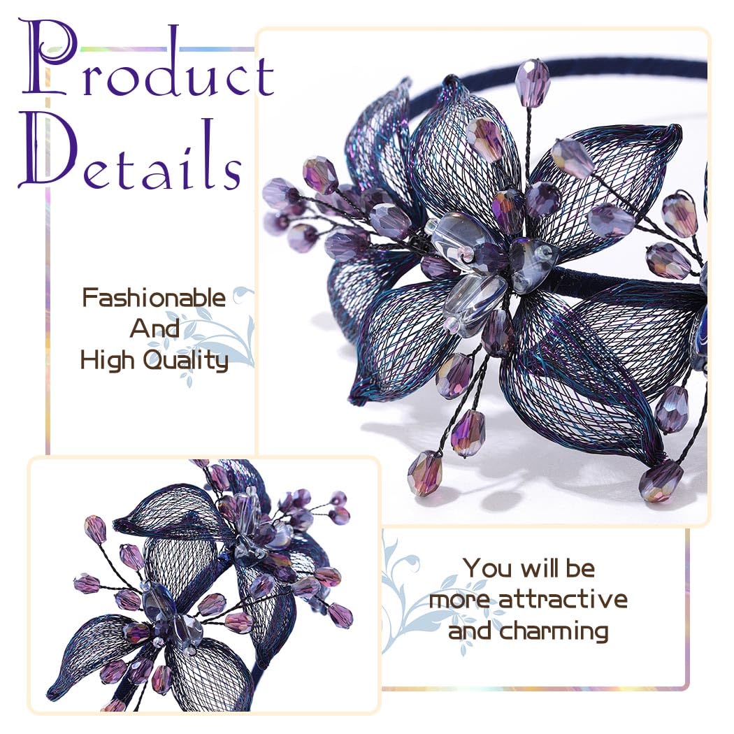 Formery Blue Crystals Bridal Headband Wedding Flowers Bride Hairband Prom Wire Floral Headpiece Hair Accessories for Women