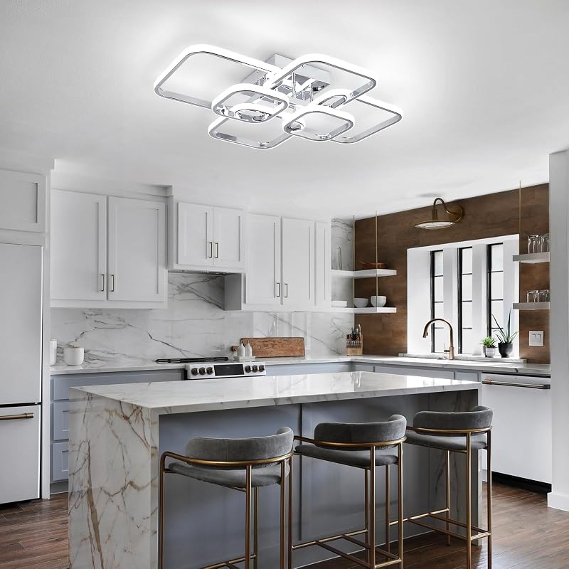 Sovinzert 31.5-Inch Modern LED Ceiling Light, 6-Square Dimmable with Remote, 3000K-6000K, Chrome Close-To-Ceiling Flush Mount, 60W - Chrome+6Rings