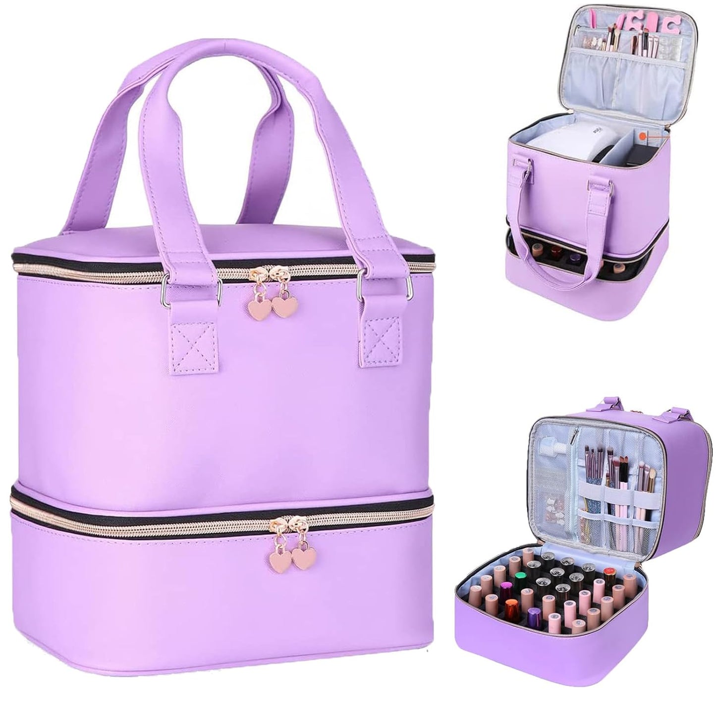 Nail Polish Organizer Bag with Travel Case for 30+ Bottles & Nail Lamp - Purple