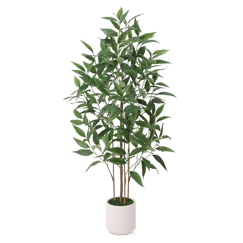4Ft Artificial Eucalyptus Plant with White Planter - Multi-Trunk Fake Tree