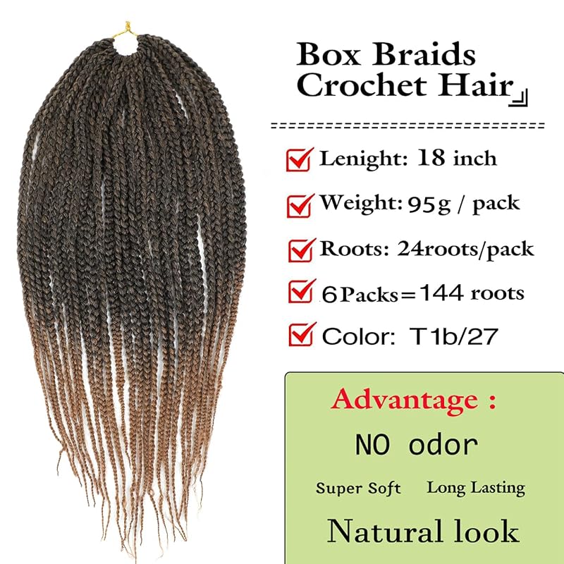 Crochet Box Braids 18in 144 Pcs Bundle, 6 Packs, #1B/27, 1B/27 Variation