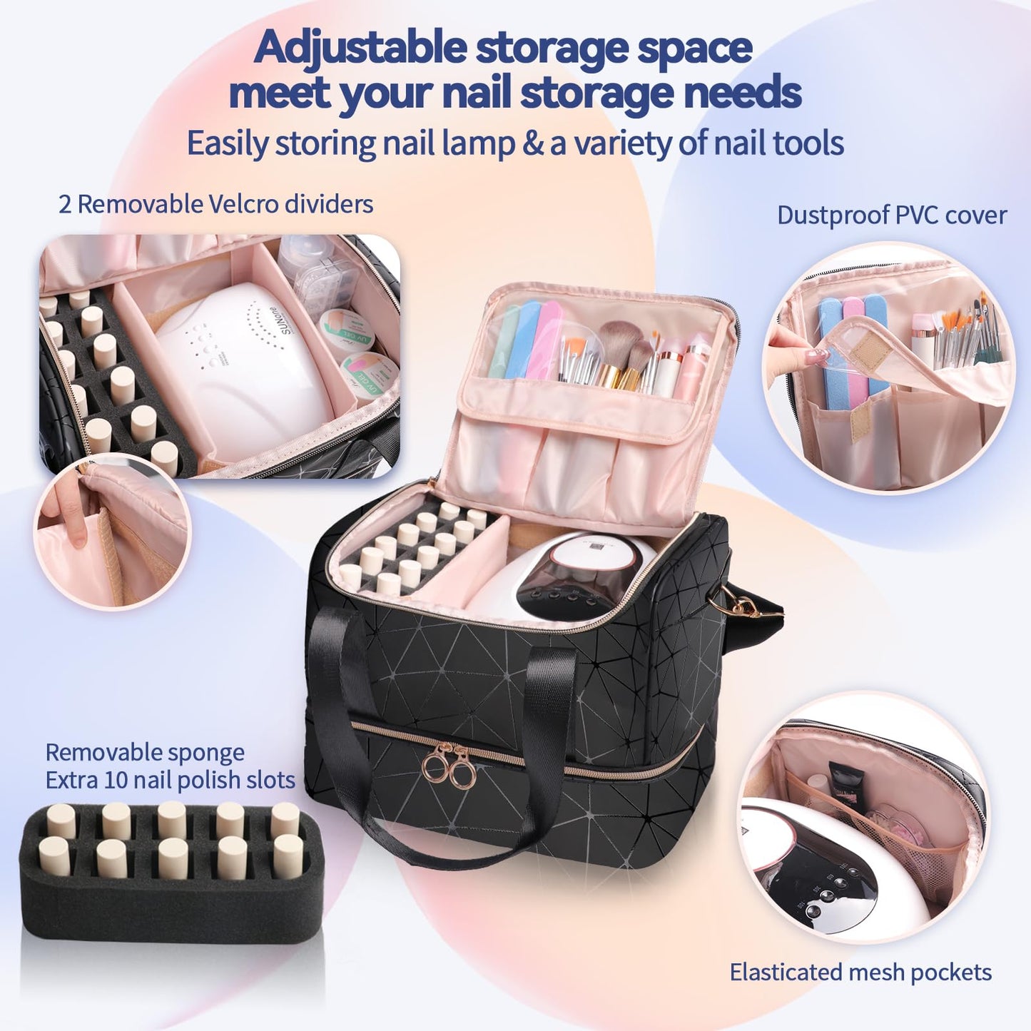 Partreko Nail Polish Organizer Holds 50 Bottles (15ml/0.5 fl.oz)& Nail Lamp, PU Leather Nail Organizers and Storage Bag with Shoulder Strap, Portable Nail Supplies Kit Organizer Carrying Case (Black)