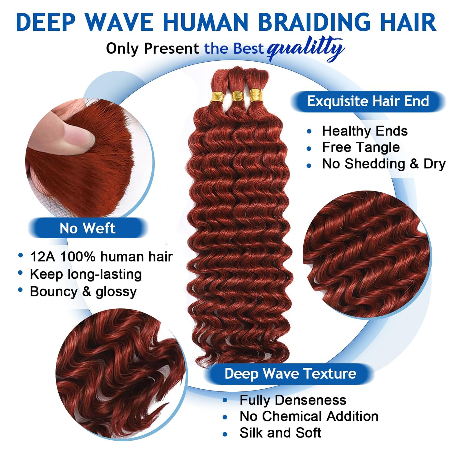 Bizvus Human Braiding Hair for Boho Braids 110g Deep Wave Boho Bulk Human Hair for Braiding Knotless 12A Wet and Wavy Bulk Bohemian Curly 3 Bundles/Pack #350 Copper Color 16inch
