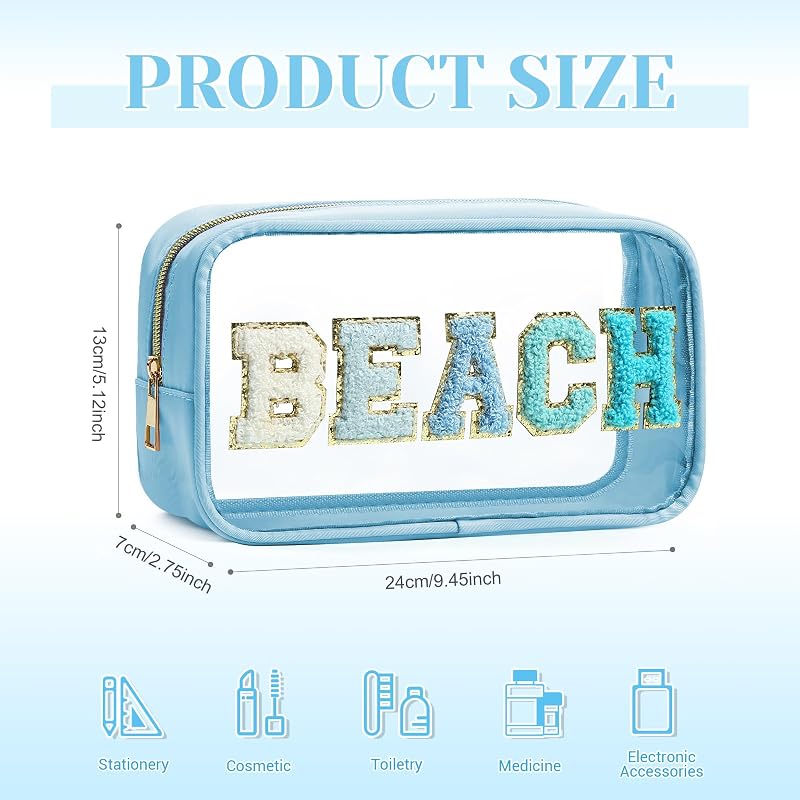 Lake Reflection Beach Clear Makeup Bags Set with Chenille Letter Patches - 6 Pcs Waterproof Toiletry Bags