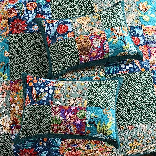Autumn Dream Reversible Cotton Bedspread Quilt Set King Turquoise Floral Patchwork