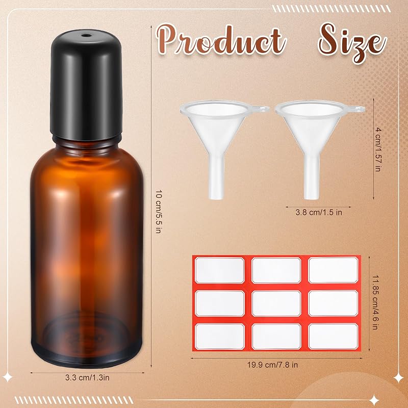 Amber 30 ml Roller Bottle Set - 24 Amber Glass Roll-On Bottles with Funnels & Labels