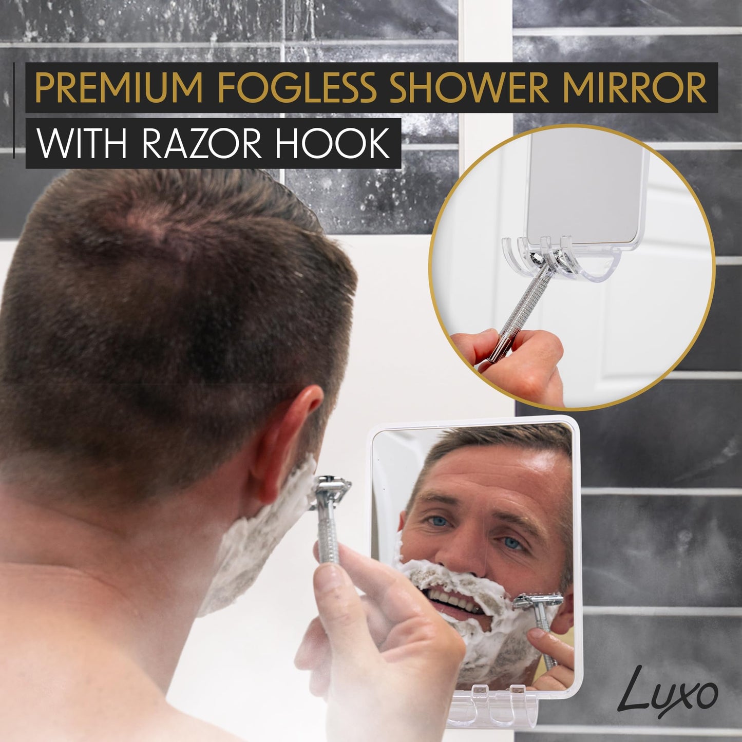 Luxo Shower Mirror, Shower Mirror fogless for Shaving with a Removable Razor Holder - Shaving Mirror for Shower with a Powerful Suction Cup - Shatterproof fogless Mirror for Shower (White)