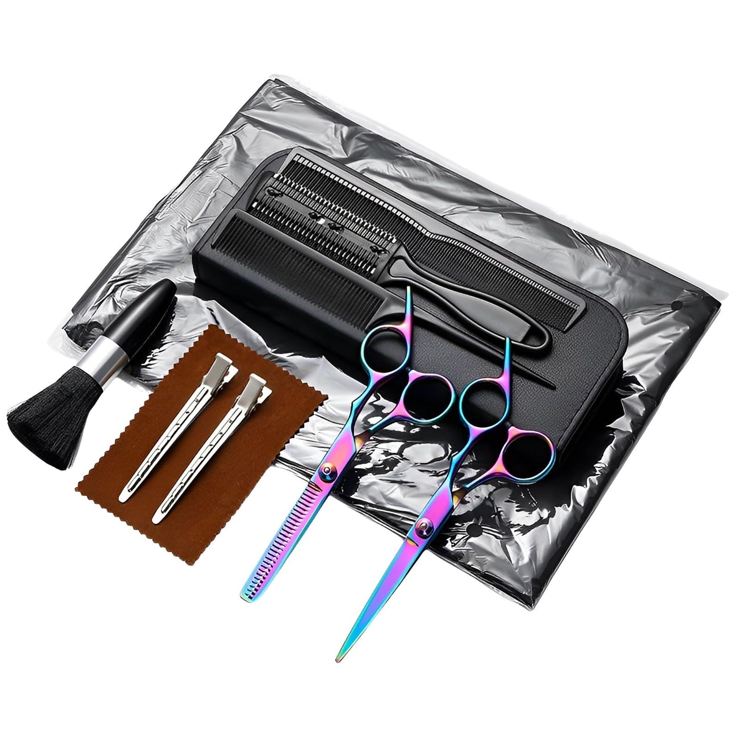Hair Cutting Scissors Kit 11PCS, Hair Scissors Professional Haircut Scissors with Japanese Stainless Steel Hair Shears, Thinning Shears, Haircut Accessories in Leather Case for Salon/Home (Rainbow)